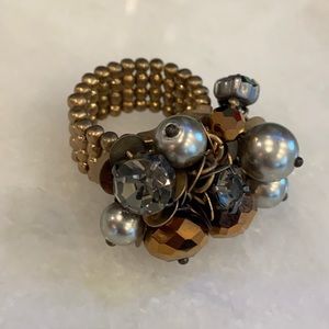 Stretch bronze bauble ring w pearls/crystals/beads